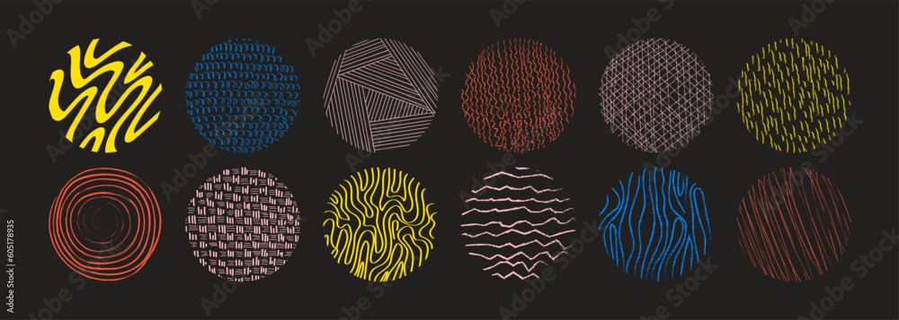 Abstract circle shapes with loop, drops, spots, curves, lines and waves ...