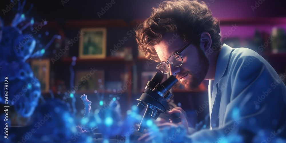 3D Doctor looking under microscope to analysis sample, Medical science Lab. Generative AI