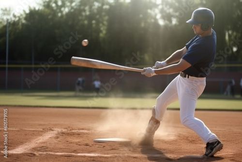 Baseball baseball player and bat ball swing at a baseball field during training fitness and game practice, Softball swinging and power hit with athletic guy focus on speed