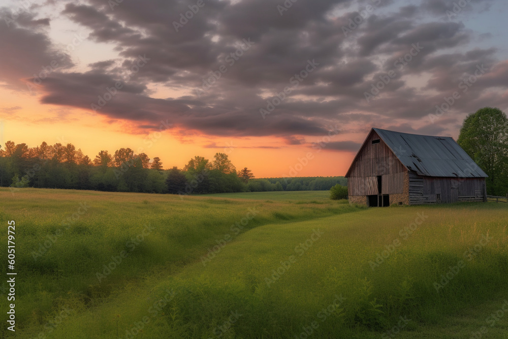 Barn and Feild at Sunrise with Puffy Clouds