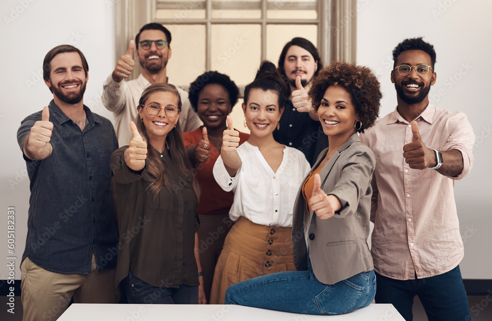 Fototapeta premium Professional, group and portrait with thumbs up with happiness in the office. Business, people and diversity with thumb like for teamwork with joy at a company for recommending good service.