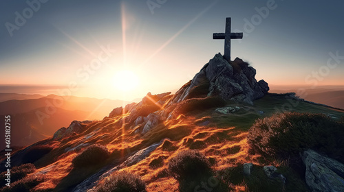 religious christian cross crucifixion on top of mountain at sunset with sun rays. Generative AI illustration
