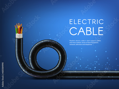 Electric cable with copper wire conductors. Energy supply industry technology or electric circuit engineering 3d vector background. Cable and wiring installation service realistic backdrop or banner photo