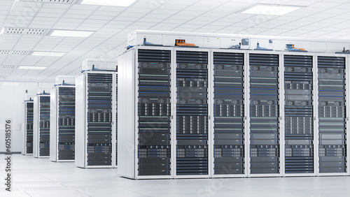 Supercomputer and Advanced Cloud Computing Concept. White Server Cabinets inside Bright and Clean Large Data Center. Artificial Intelligence Training Cluster.