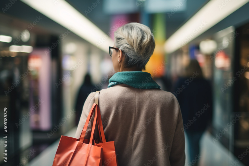 Back view portrait of middle-aged woman carrying colorful shopping bags in a store