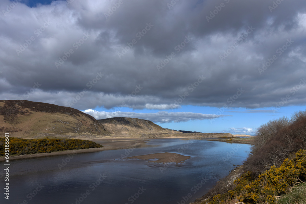 Bettyhill, broom, Scotland, hills,  Scottish highlands, panorama, river Naver, river mouth, coast, clouds, 