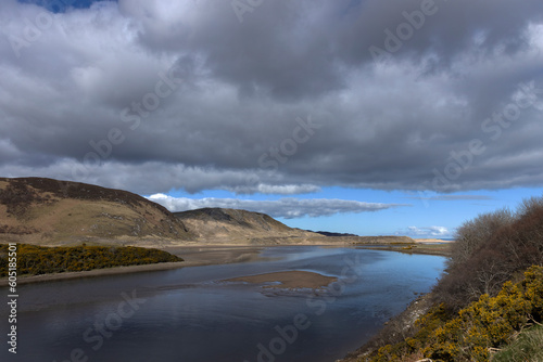 Bettyhill, broom, Scotland, hills, Scottish highlands, panorama, river Naver, river mouth, coast, clouds, 