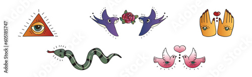 Old School Tattoo Elements and Symbols Vector Set