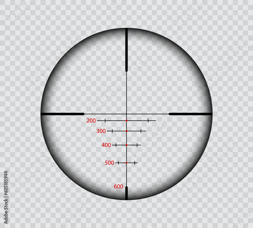 Military sniper rifle scope. Army weapon aim cross, target shooting sight or hunting gun realistic vector scope transparent frame. Army optical rifle crosshair or reticle