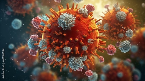 Covid-19 virus, Coronavirus pandemic, health threatening influenza virus (3d microbiology rendering banner) generative ai © Chingiz
