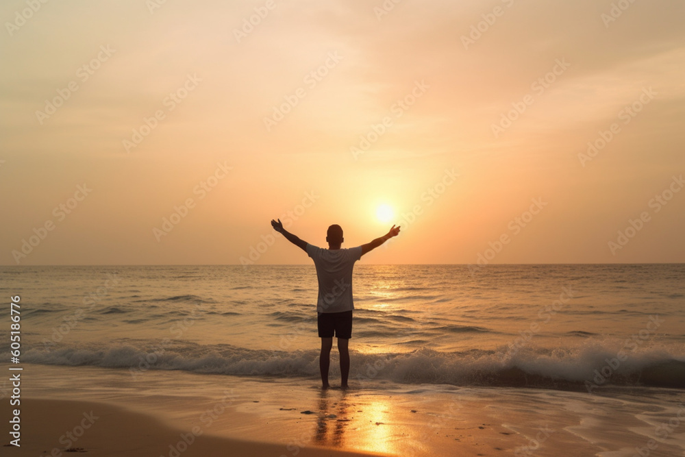 back view of Young man arms outstretched by the sea at sunrise enjoying freedom and life