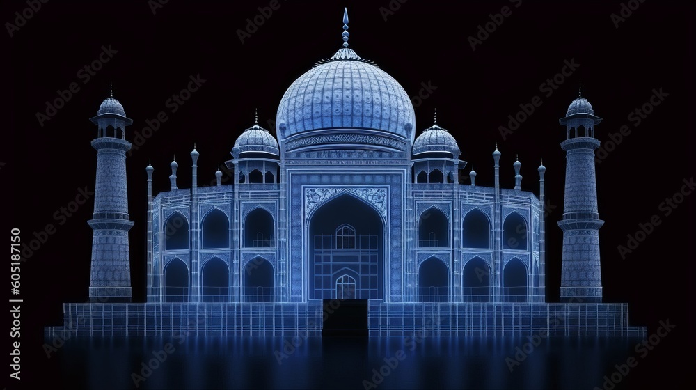 Fototapeta premium Wireframe of the Taj Mahal. Building of the blue lines on a dark background. Front view. Vector illustration. generative ai 