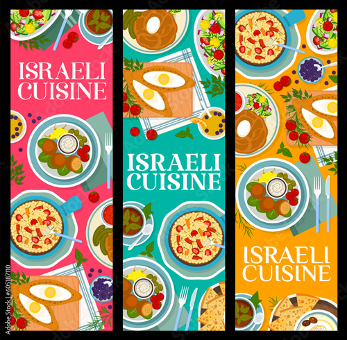 Israeli cuisine restaurant meals banners. Deep fried matzo balls, black tea and chickpea salad, hummus with matzah, cheese and egg pies and lemonade, meat bean and vegetable cholent, vegetable salad