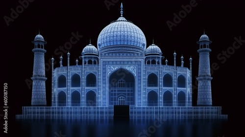 Wireframe of the Taj Mahal. Building of the blue lines on a dark background. Front view. Vector illustration. generative ai  © Chingiz