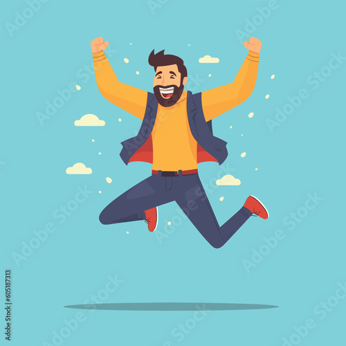 single man jumping in excitement wearing jacket and sweater