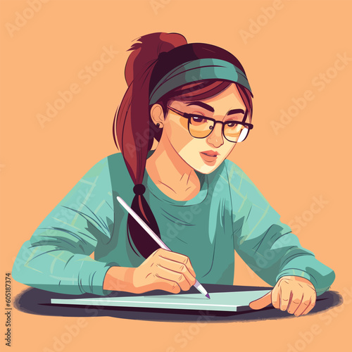 young girl working and writing