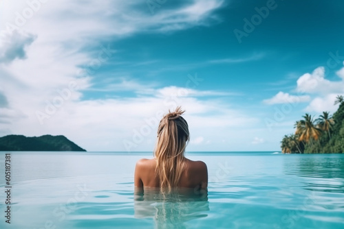 back view of Young caucasian woman in swimming pool on beautiful tropical bay blue sky and ocean summer vacation concept