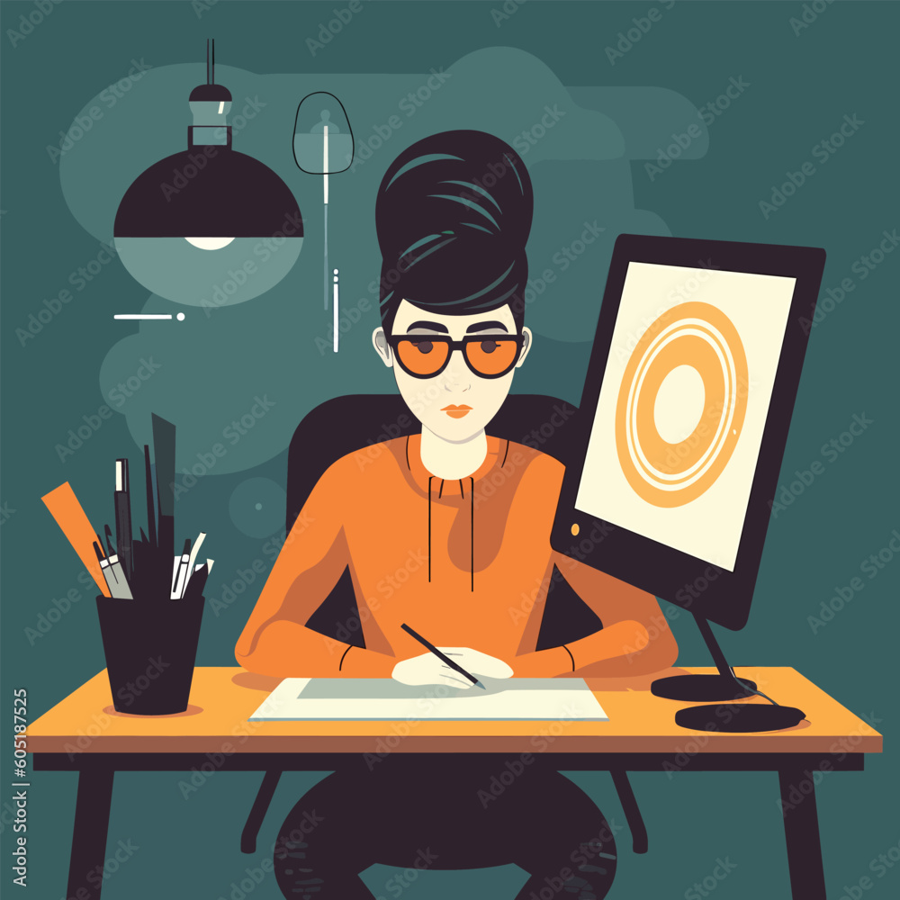 young woman sittind and working on office table