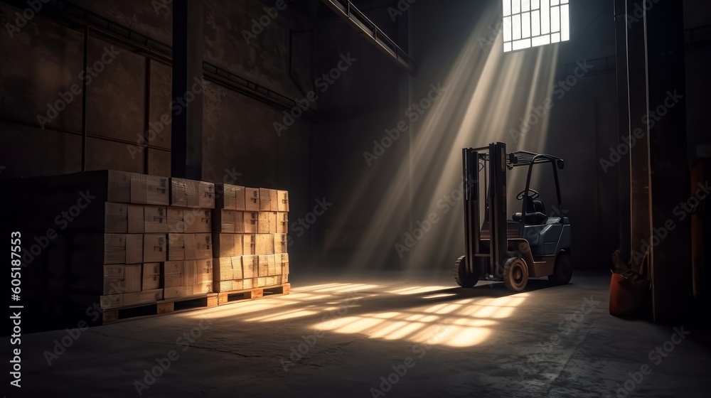 Detailed shot of forklift lifting pallet in warehouse, workers and cargo setting the scene. Symbolizes logistics, warehouse management. Created by AI.