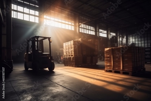  Close-up of forklift in operation, lifting goods in a bustling warehouse. Highlights logistics and warehouse management. Created by AI
