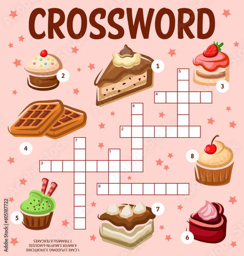 Cakes, cupcakes and desserts. Crossword puzzle worksheet. Find a word quiz game grid, children crossword puzzle, wordsearch vector game or riddle with cake, waffles, muffin and berry cheesecake photo