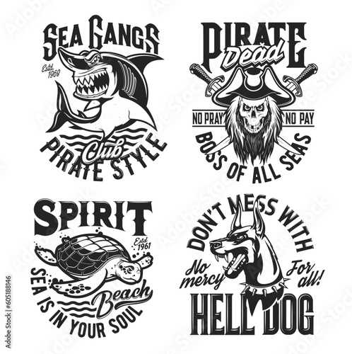 Shark, turtle, doberman and pirate captain skull mascots, vector t-shirt prints. Sea sport club, ocean marine adventure team or summer beach travel badges for T shirt prints with slogans