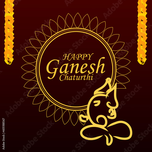 Indian Festival Happy Ganesh Chaturthi Vector Illustration Hand Drawn Creative Design & Background With Line Art Ganesh ji & Typography photo