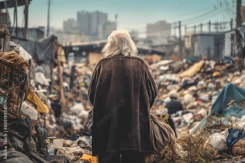 Homeless old woman garbage. Generate AI