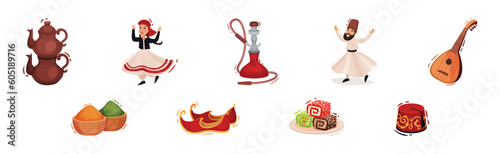 Turkey Culture Traditional Symbols with Man and Woman in National Costume, Hookah, Oud, Spice, Shoes, Teapot and Fez Hat Vector Set