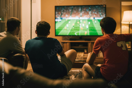 Fototapeta Naklejka Na Ścianę i Meble -  Back view of male friends sitting on couch in living room and talking with each other while watching soccer competition on TV in evening
