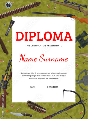 Hunter diploma hunting equipment and weapon. Vector award letter for hunt club or society activity with ammo bullet, crossbow and compass, trap, horn, flashlight, binoculars, knife, bandolier and gun