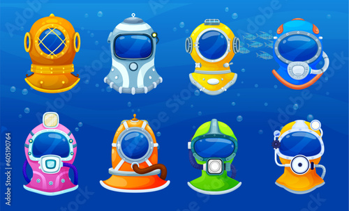 Cartoon diver helmets or underwater aqualung masks, vector photo booth or video chat effects. Scuba diving retro aqualung helmets of diver for app face effect or photobooth frame in mobile app