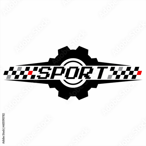 Sport logo design with gear elements and checkered flag. photo