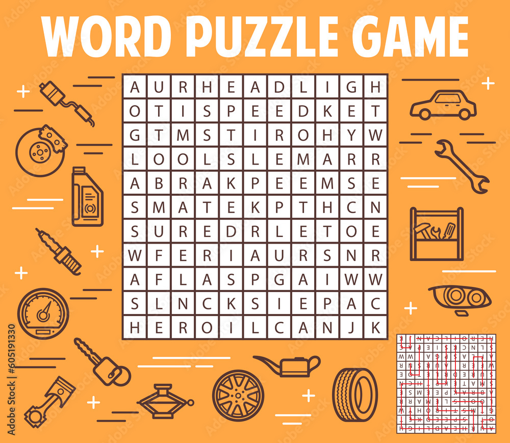 Car spare parts and service word search puzzle game worksheet. Vector