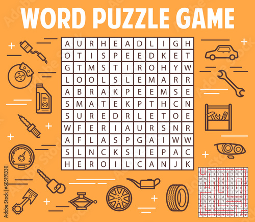 Car spare parts and service word search puzzle game worksheet. Vector kids quiz grid with auto, rims, headlight and tire. Speedometer, key, glasswasher, and sparkplug, brakedisk or piston, jack tools