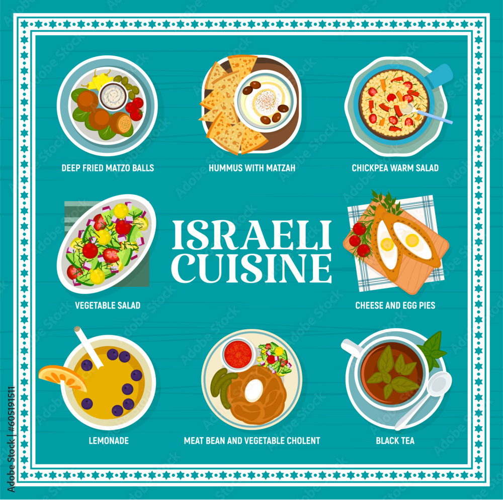 Israeli cuisine food menu page. Deep fried matzo balls, hummus with matzah and chickpea warm salad, meat bean and vegetable cholent, vegetable salad and cheese and egg pies, lemonade, black tea