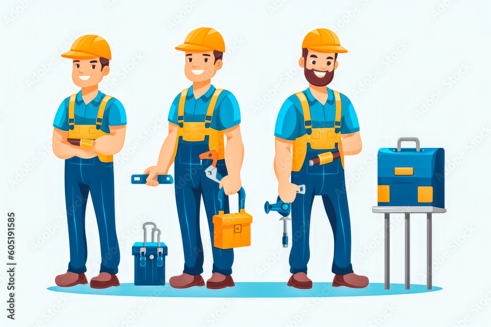 Worker service man plumber or electric technician with helmet posing with equipment. Generative AI Worker service man plumber or electric technician with helmet posing with equipment. Generative AI