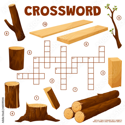 Timber and lumber crossword grid. Find a word quiz game. Vector worksheet with stump, firewood, bar and timber. Trunk, lumber and log, branch, twig or plank. Family recreational vocabulary brainteaser