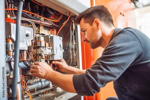 Technician servicing heated boiler. Professional techician repair service handyman doing maintenance work in home. Generative AI