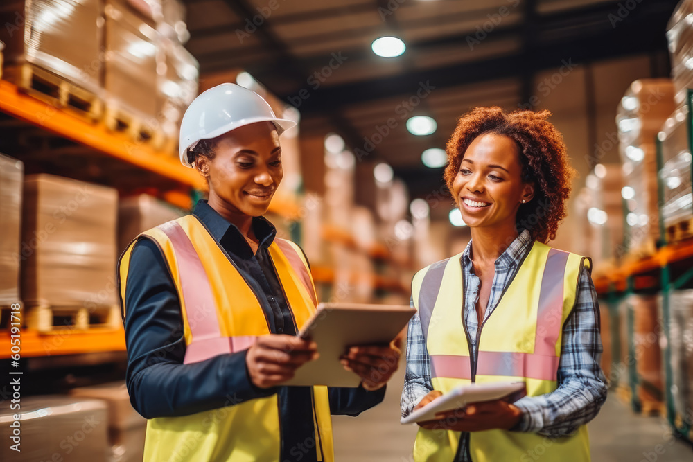 Female inventory manager shows digital tablet information to colleague.Co-workers in warehouse. Generative AI Female inventory manager shows digital tablet information to colleague.Co-workers in warehouse. Generative AI