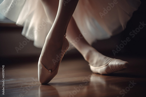 A close-up image of a ballet dancer's feet on pointe, focusing on the ballet shoes and the grace of the movement, illustrating the discipline and elegance of ballet.