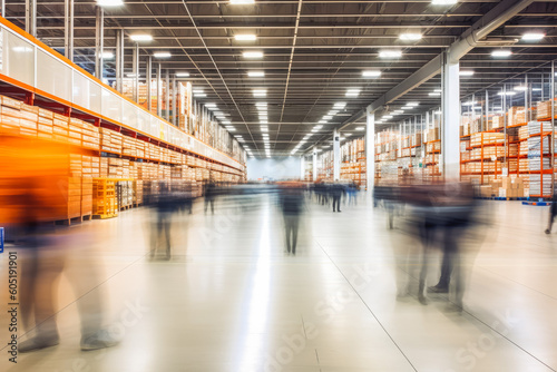 Modern warehouse interior. People in motion blur. Huge warehouse storage space with people hurrying to do their job. Generative AI