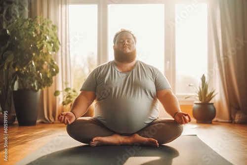 Obese overweight man practicing yoga at home. Active lifestyle, fitness and healthy habits concept. Generative AI
