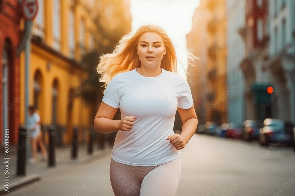 Beautiful caucasian overweight woman running jogging in the street. Active lifestyle and healthy habits concept. Generative AI