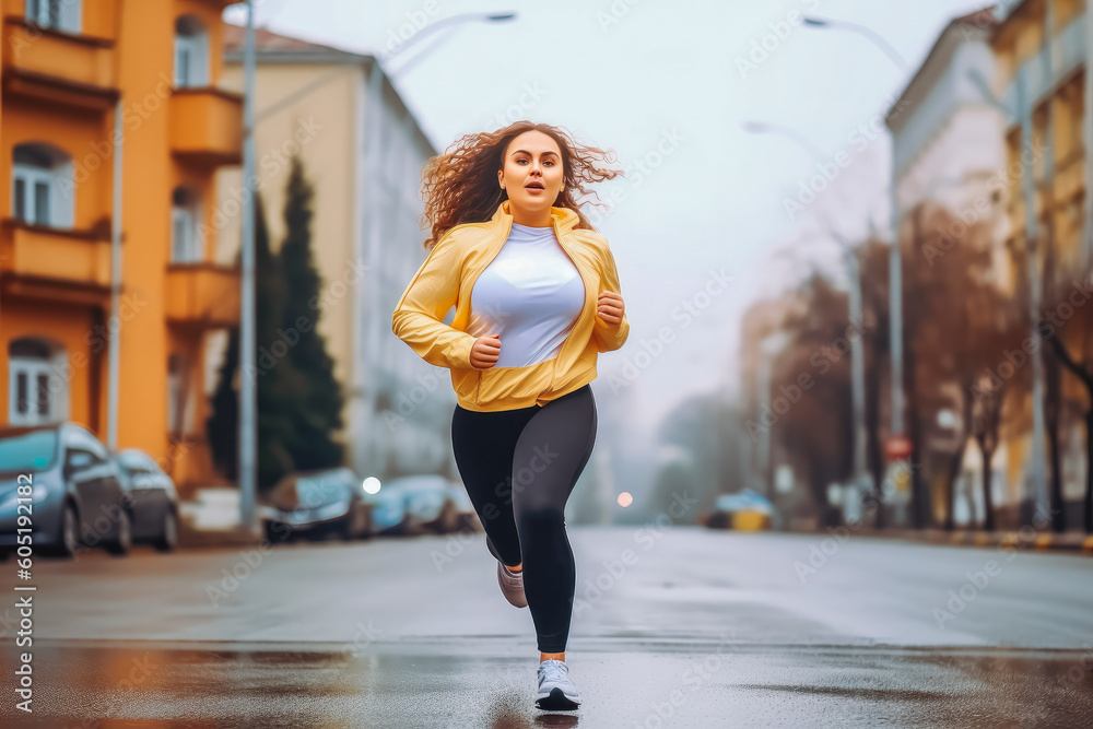 Beautiful caucasian overweight woman running jogging in the street. Active lifestyle and healthy habits concept. Generative AI Beautiful caucasian overweight woman running jogging in the street. Active lifestyle and healthy habits concept. Generative AI