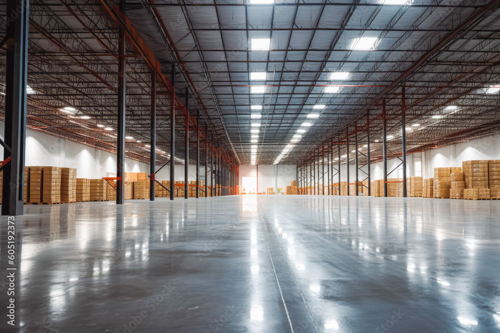 Modern warehouse interior. Huge warehouse storage space without people. Generative AI