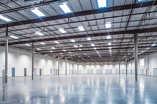 Modern warehouse interior. Huge warehouse storage space without people. Generative AI