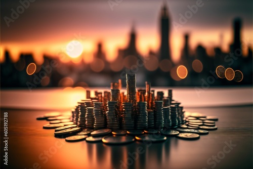 AI generated illustration of a stack of golden coins silhouetted against a stunning city skyline