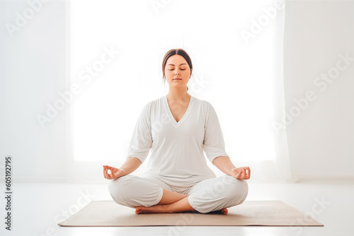 Young overweight plus size woman sitting on yoga mat and preforming practice at home. Mindfulness and meditation. Generative AI