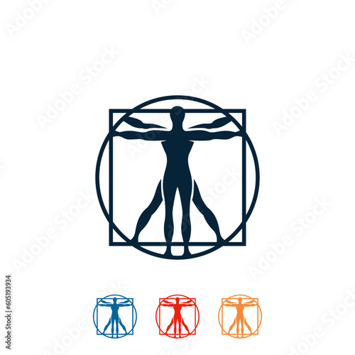 Vitruvian man. Leonardo davinci human body perfect anatomy proportions in circle and square template design